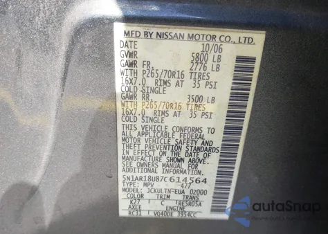 2007 Nissan Pathfinder Se z USA, uszkodzony, nr VIN 5N1AR18U87C614564